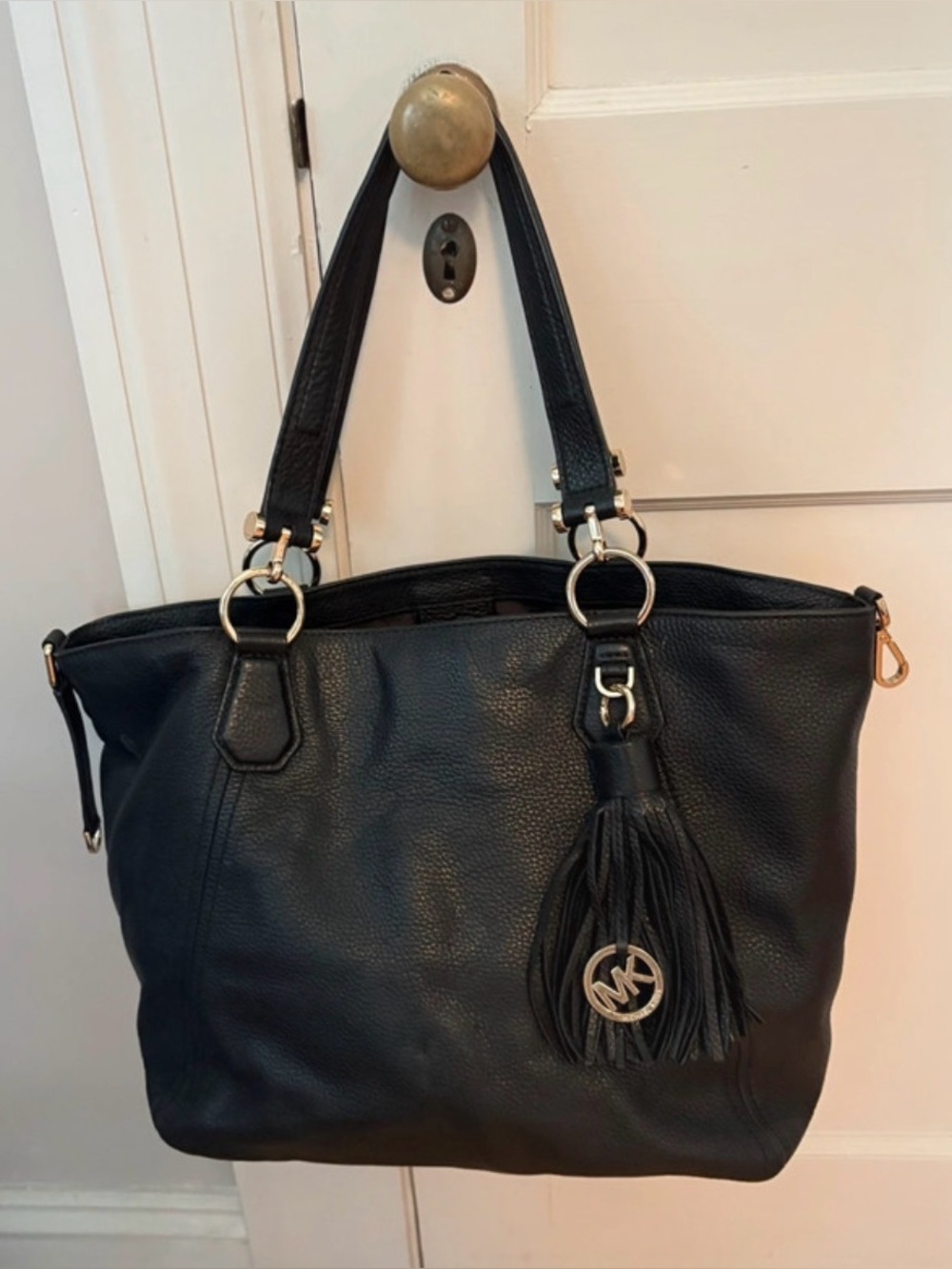 Michael Kors Black Leather Shoulder Tote with Tassel Charm